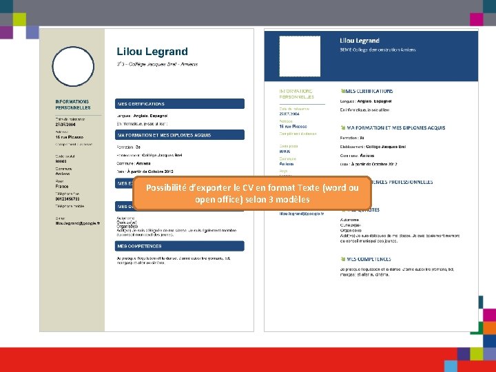 Possibilité d’exporter le CV en format Texte (word ou open office) selon 3 modèles