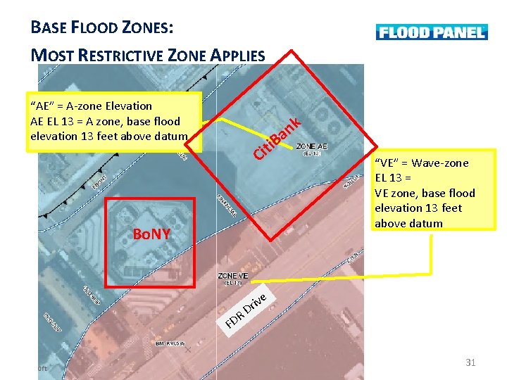 BASE FLOOD ZONES: MOST RESTRICTIVE ZONE APPLIES “AE” = A-zone Elevation AE EL 13 BASE FLOOD ZONES: MOST RESTRICTIVE ZONE APPLIES “AE” = A-zone Elevation AE EL 13