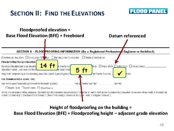 SECTION II: FIND THE ELEVATIONS Floodproofed elevation = Base Flood Elevation (BFE) + Freeboard SECTION II: FIND THE ELEVATIONS Floodproofed elevation = Base Flood Elevation (BFE) + Freeboard