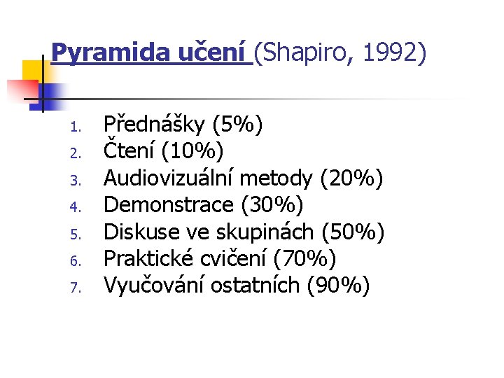 Pyramida učení (Shapiro, 1992) 1. 2. 3. 4. 5. 6. 7. Přednášky (5%) Čtení