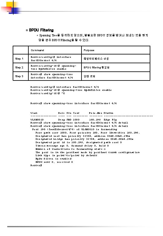 n BPDU Filtering l Spanning Tree를 동작하지 않으며, 불필요한 BPDU 정보를 받거나 보내는 것을