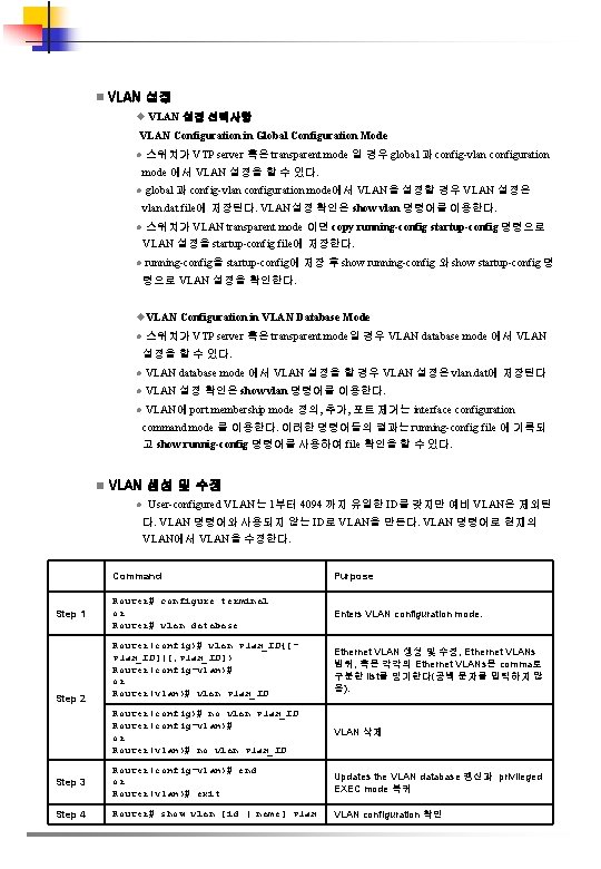 n VLAN 설정 u VLAN 설정 선택사항 VLAN Configuration in Global Configuration Mode l