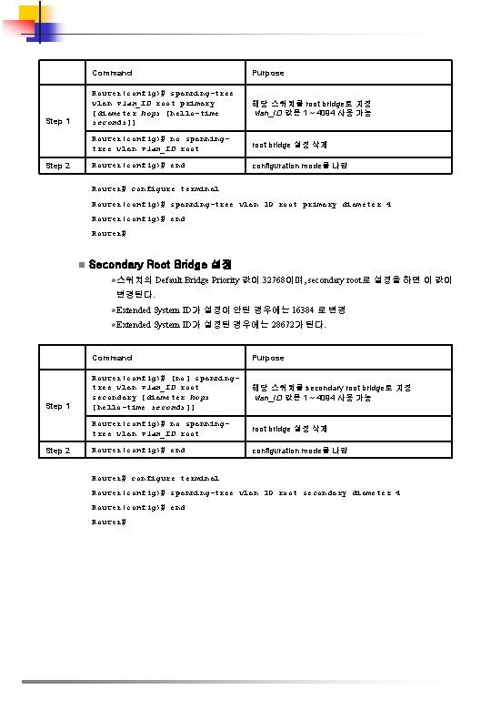 Step 1 Step 2 Command Purpose Router(config)# spanning-tree vlan_ID root primary [diameter hops [hello-time