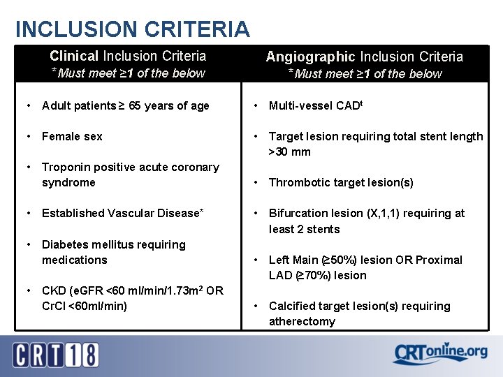 INCLUSION CRITERIA Clinical Inclusion Criteria *Must meet ≥ 1 of the below Angiographic Inclusion