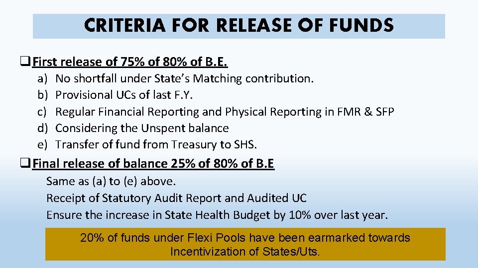 CRITERIA FOR RELEASE OF FUNDS q. First release of 75% of 80% of B.