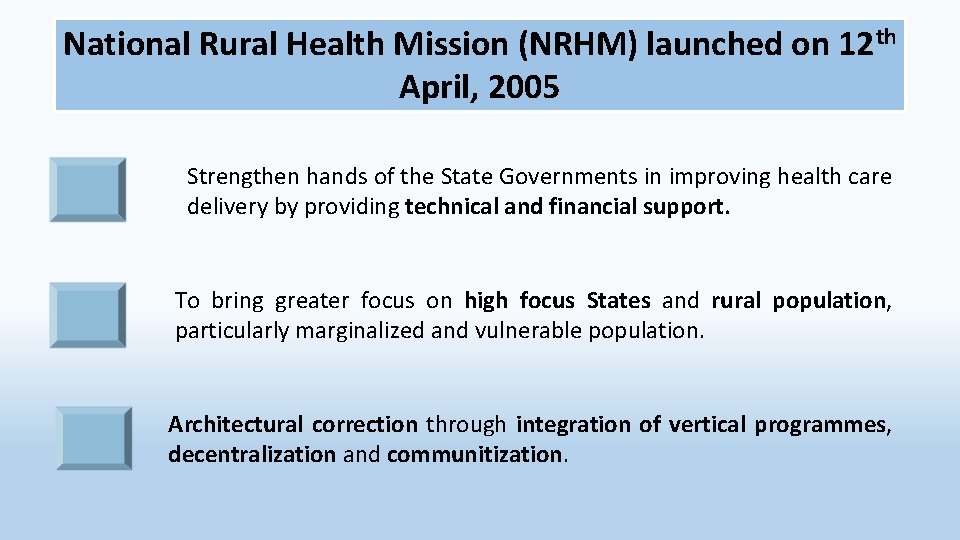 National Rural Health Mission (NRHM) launched on 12 th April, 2005 Strengthen hands of