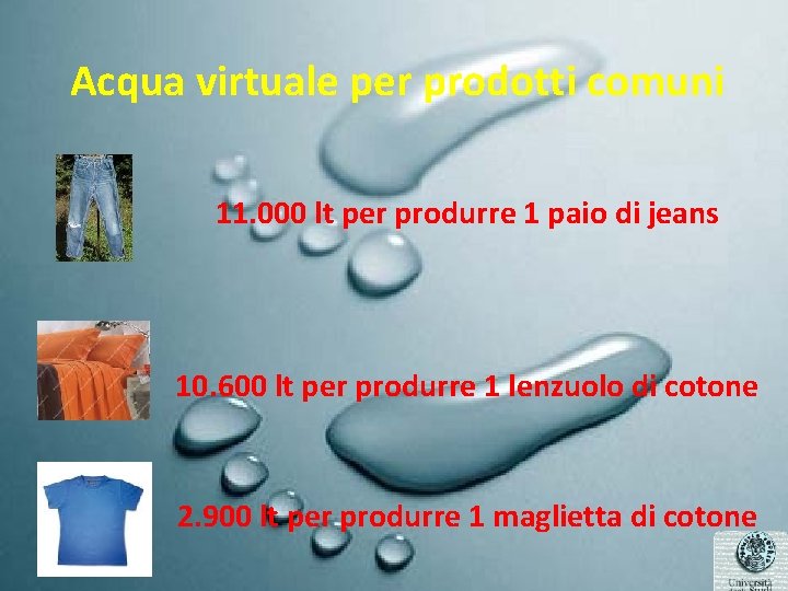 Acqua virtuale per prodotti comuni 11. 000 lt per produrre 1 paio di jeans