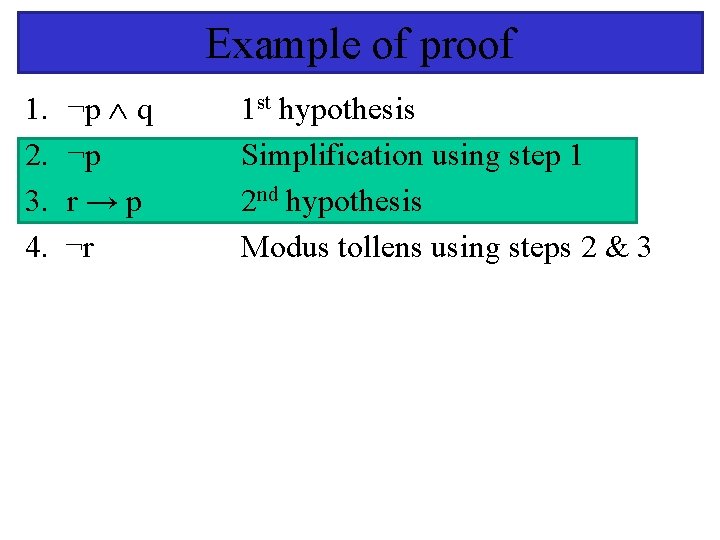 Example of proof 1. ¬p q 2. ¬p 3. r → p 4. ¬r