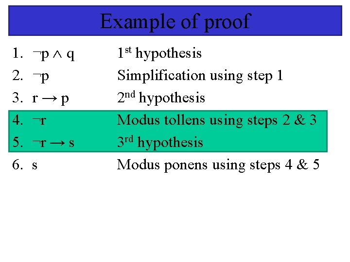 Example of proof 1. 2. 3. 4. 5. 6. ¬p q ¬p r →