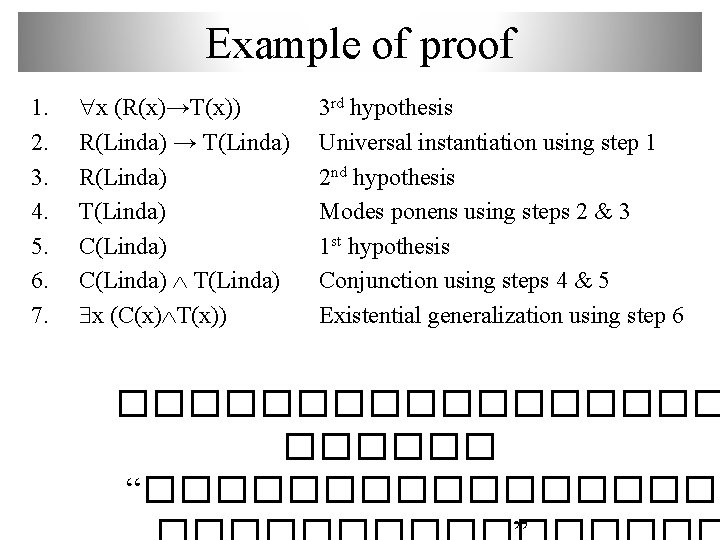 Example of proof 1. 2. 3. 4. 5. 6. 7. x (R(x)→T(x)) R(Linda) →