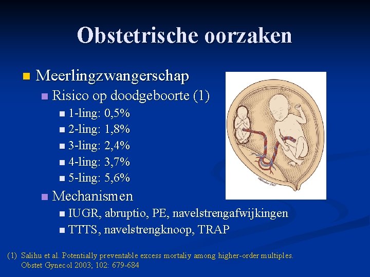 Obstetrische oorzaken n Meerlingzwangerschap n Risico op doodgeboorte (1) n 1 -ling: 0, 5% Obstetrische oorzaken n Meerlingzwangerschap n Risico op doodgeboorte (1) n 1 -ling: 0, 5%
