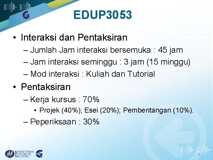 EDUP 3053 • Interaksi dan Pentaksiran – Jumlah Jam interaksi bersemuka : 45 jam