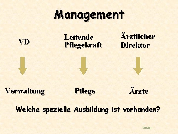 Management VD Leitende Pflegekraft Ärztlicher Direktor Verwaltung Pflege Ärzte Welche spezielle Ausbildung ist vorhanden?