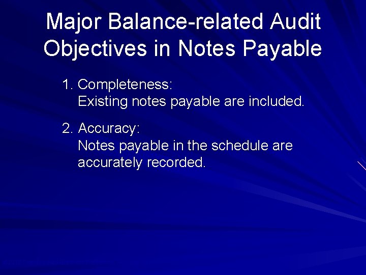 Major Balance-related Audit Objectives in Notes Payable 1. Completeness: Existing notes payable are included.
