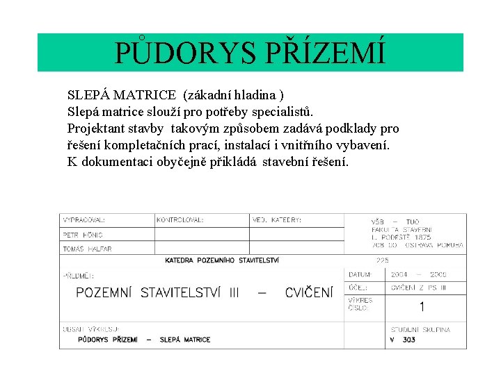 PŮDORYS PŘÍZEMÍ SLEPÁ MATRICE (zákadní hladina ) Slepá matrice slouží pro potřeby specialistů. Projektant