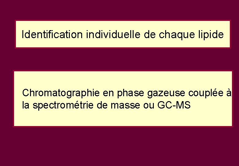 Identification individuelle de chaque lipide Chromatographie en phase gazeuse couplée à la spectrométrie de Identification individuelle de chaque lipide Chromatographie en phase gazeuse couplée à la spectrométrie de