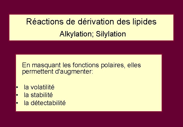 Réactions de dérivation des lipides Alkylation; Silylation En masquant les fonctions polaires, elles permettent Réactions de dérivation des lipides Alkylation; Silylation En masquant les fonctions polaires, elles permettent