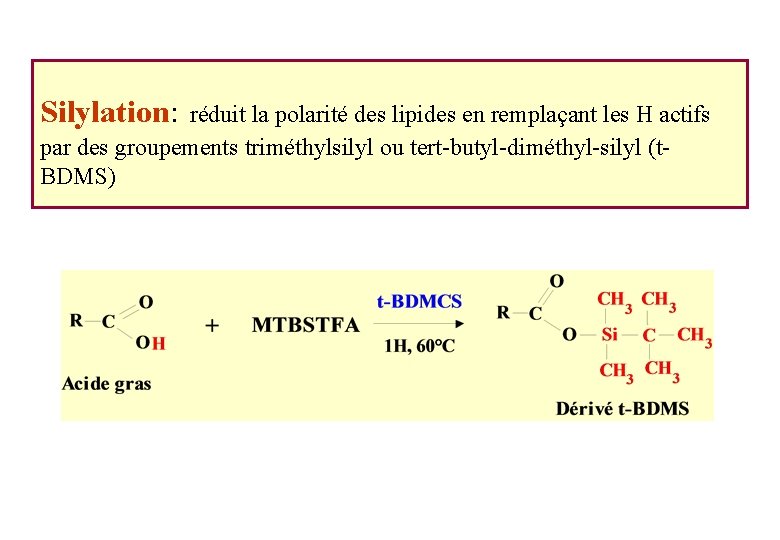 Silylation: réduit la polarité des lipides en remplaçant les H actifs par des groupements Silylation: réduit la polarité des lipides en remplaçant les H actifs par des groupements