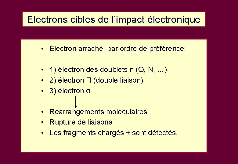 Electrons cibles de l’impact électronique • Électron arraché, par ordre de préférence: • 1) Electrons cibles de l’impact électronique • Électron arraché, par ordre de préférence: • 1)