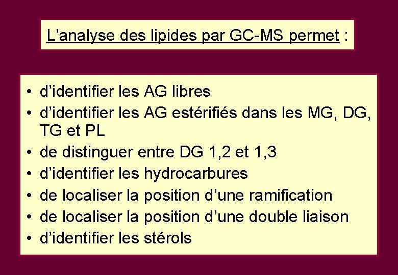 L’analyse des lipides par GC-MS permet : • d’identifier les AG libres • d’identifier L’analyse des lipides par GC-MS permet : • d’identifier les AG libres • d’identifier