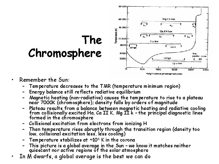 The Chromosphere • Remember the Sun: • In M dwarfs, a global average is