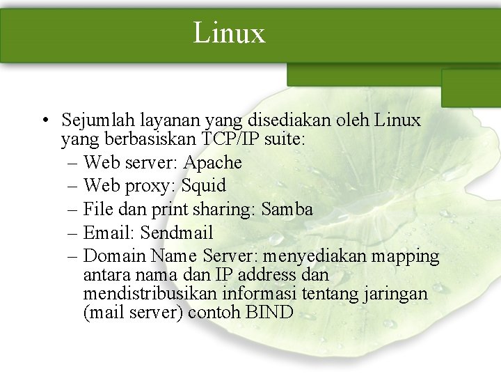 Linux • Sejumlah layanan yang disediakan oleh Linux yang berbasiskan TCP/IP suite: – Web