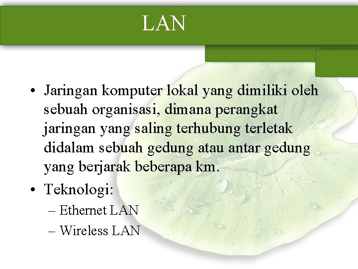 LAN • Jaringan komputer lokal yang dimiliki oleh sebuah organisasi, dimana perangkat jaringan yang