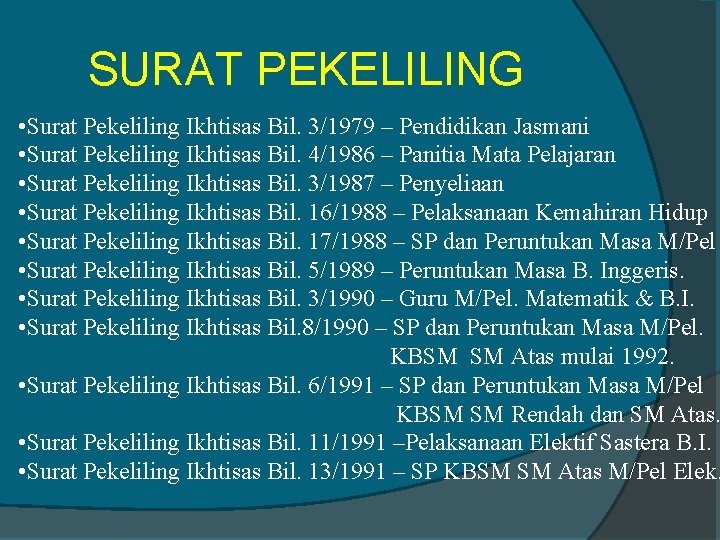 SURAT PEKELILING • Surat Pekeliling Ikhtisas Bil. 3/1979 – Pendidikan Jasmani • Surat Pekeliling