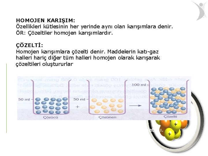 HOMOJEN KARIŞIM: Özellikleri kütlesinin her yerinde aynı olan karışımlara denir. ÖR: Çözeltiler homojen karışımlardır.