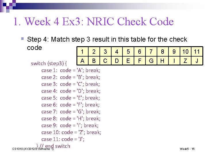 1. Week 4 Ex 3: NRIC Check Code § Step 4: Match step 3