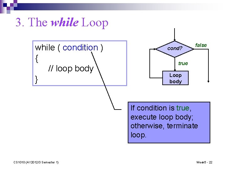 3. The while Loop while ( condition ) { // loop body } cond?