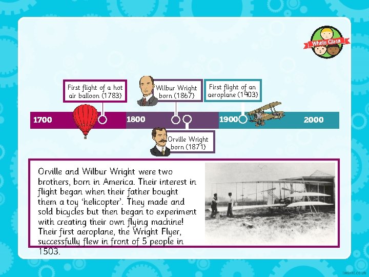First flight of a hot air balloon (1783) 1700 Wilbur Wright born (1867) First