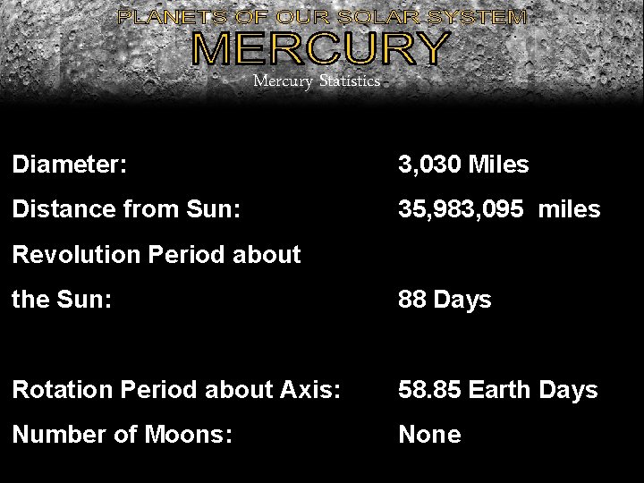 Mercury Statistics Diameter: 3, 030 Miles Distance from Sun: 35, 983, 095 miles Revolution Mercury Statistics Diameter: 3, 030 Miles Distance from Sun: 35, 983, 095 miles Revolution