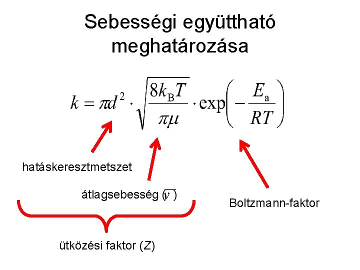 Sebességi együttható meghatározása hatáskeresztmetszet átlagsebesség ( ) ütközési faktor (Z) Boltzmann-faktor 