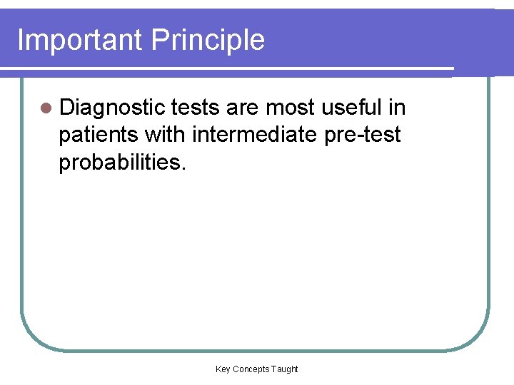 Important Principle l Diagnostic tests are most useful in patients with intermediate pre-test probabilities. Important Principle l Diagnostic tests are most useful in patients with intermediate pre-test probabilities.