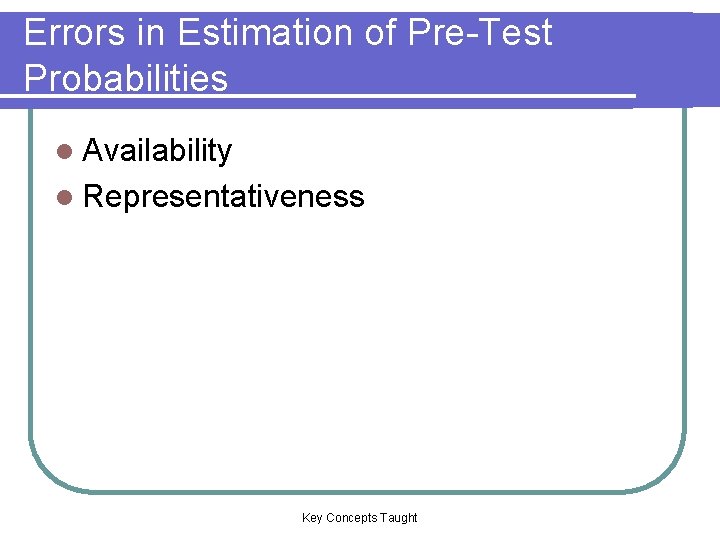 Errors in Estimation of Pre-Test Probabilities l Availability l Representativeness Key Concepts Taught Errors in Estimation of Pre-Test Probabilities l Availability l Representativeness Key Concepts Taught