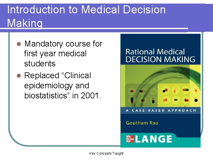 Introduction to Medical Decision Making Mandatory course for first year medical students l Replaced Introduction to Medical Decision Making Mandatory course for first year medical students l Replaced