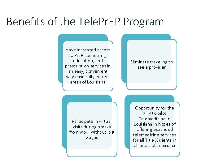 Benefits of the Tele. Pr. EP Program Have increased access to Pr. EP counseling,