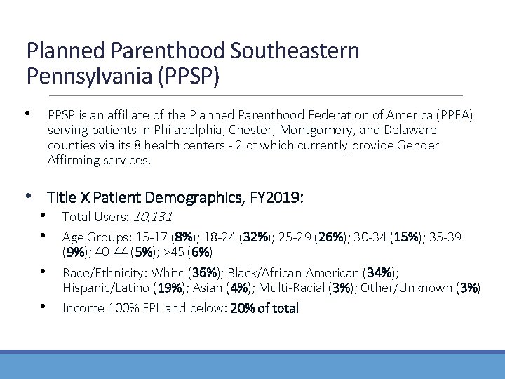 Planned Parenthood Southeastern Pennsylvania (PPSP) • PPSP is an affiliate of the Planned Parenthood