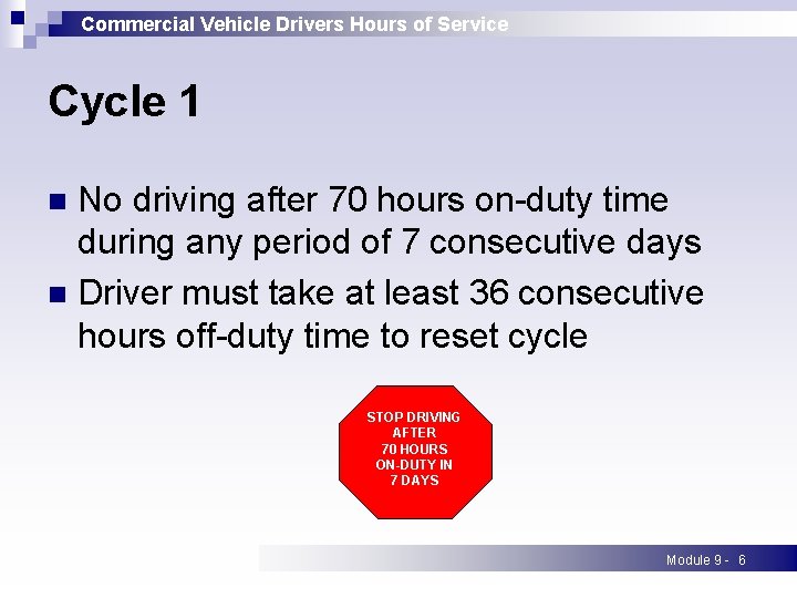 Commercial Vehicle Drivers Hours of Service Cycle 1 No driving after 70 hours on-duty Commercial Vehicle Drivers Hours of Service Cycle 1 No driving after 70 hours on-duty