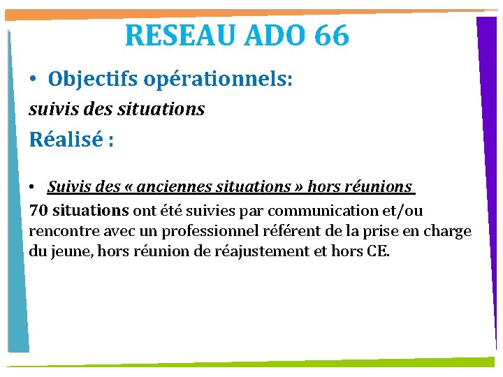 RESEAU ADO 66 • Objectifs opérationnels: suivis des situations Réalisé : • Suivis des