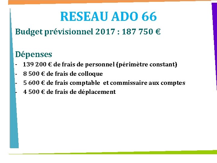 RESEAU ADO 66 Budget prévisionnel 2017 : 187 750 € Dépenses - 139 200