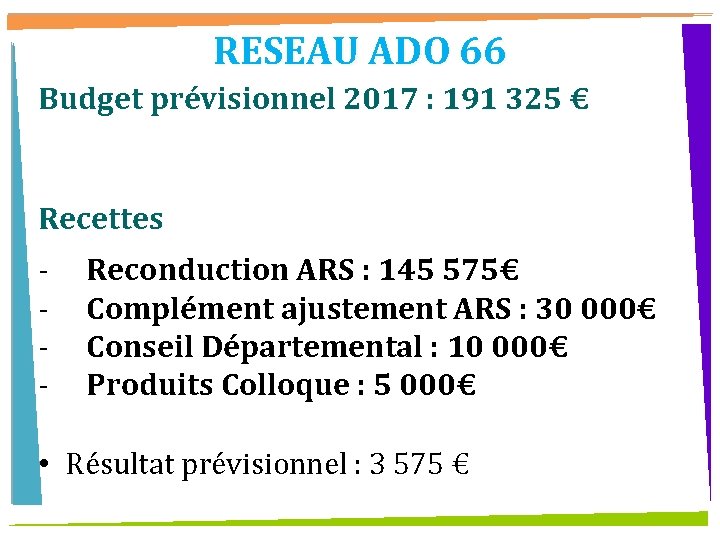 RESEAU ADO 66 Budget prévisionnel 2017 : 191 325 € Recettes - Reconduction ARS