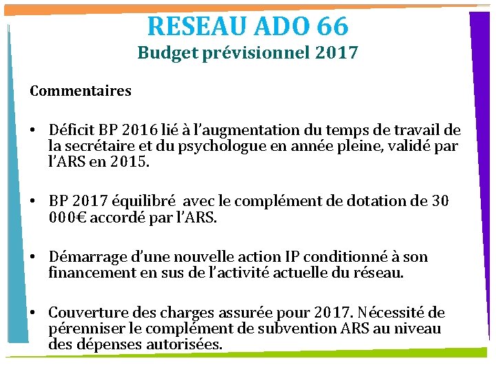 RESEAU ADO 66 Budget prévisionnel 2017 Commentaires • Déficit BP 2016 lié à l’augmentation