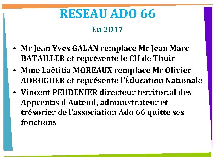 RESEAU ADO 66 En 2017 • Mr Jean Yves GALAN remplace Mr Jean Marc