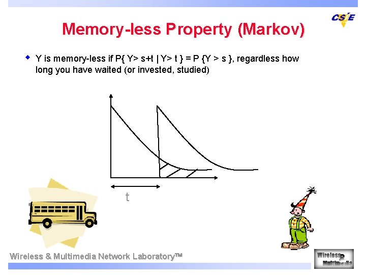 Memory-less Property (Markov) w Y is memory-less if P{ Y> s+t | Y> t Memory-less Property (Markov) w Y is memory-less if P{ Y> s+t | Y> t