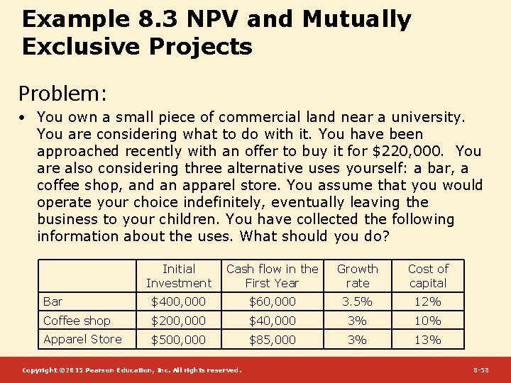 Example 8. 3 NPV and Mutually Exclusive Projects Problem: • You own a small