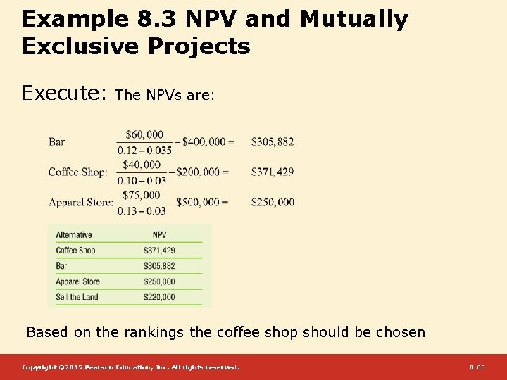 Example 8. 3 NPV and Mutually Exclusive Projects Execute: The NPVs are: Based on