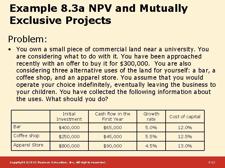 Example 8. 3 a NPV and Mutually Exclusive Projects Problem: • You own a
