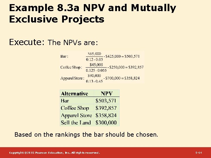 Example 8. 3 a NPV and Mutually Exclusive Projects Execute: The NPVs are: Based